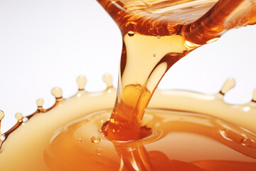 Honey pouring on white background. Mesmerizing flow of honey, a golden stream of natural sweetness. - 777188203