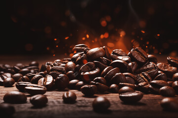 Coffee beans on a wooden table with smoke and fire. Warmth and aroma of freshly roasted coffee beans amidst the gentle smoke. - 777188207