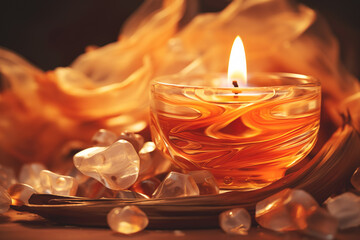 A candle with flames and amber crystals. Warm glow of candlelight dancing amidst shimmering crystals, casting a spell of tranquility. - 777188248