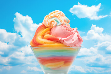 Rainbow ice cream with a blue sky background. Refreshing treat under the sunny skies. - 777188259