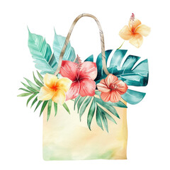 Watercolor painting of a bag with flowers and leaves