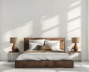 Modern bedroom interior with a brown bed and two lamps on a white wall background, 3D rendering illustration