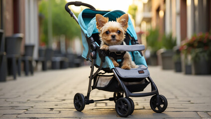 Small dog in a stroller. Free space for text. Walking with the dog