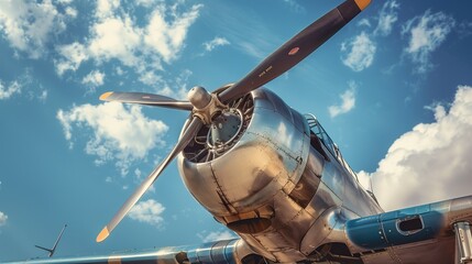Vintage airplane close-up with propeller and cockpit against a blue sky with fluffy clouds, evoking the golden age of aviation
