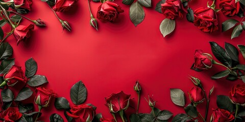 Red background with red roses with leaves