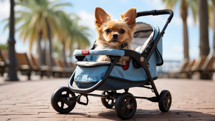 Small dog in a stroller. Free space for text. Walking with the dog. Old dog