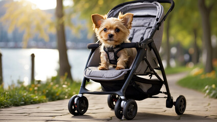 Small dog in a stroller. Walking with the dog. Chihuahua or Yorkshire Terrier