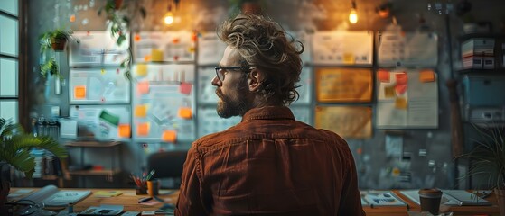 Generating Ideas: Software Developer Brainstorms on Whiteboard with Colorful Sticky Notes and Diagrams. Concept Brainstorming, Software Development, Whiteboard, Sticky Notes, Diagrams