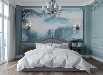 Modern bedroom interior with wallpaper and white bed, gray-blue walls, wood floor, vintage style chandelier, wall lamp, window, nature landscape wallpaper