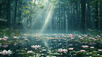 minimalistic forest with ray of sun and reflections in the water, flowers in the water  - 777189453
