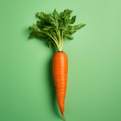 Fresh, vibrant carrot with lush green tops on a monochromatic green background, perfect for healthy lifestyle themes