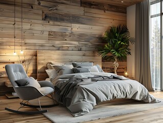 Modern bedroom interior with a wooden wall and comfortable bed, a rocking chair near it