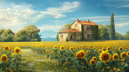 Serene countryside landscape with a charming farmhouse and fields of blooming sunflowers.