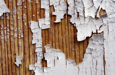 Peeled white paint on a wooden background