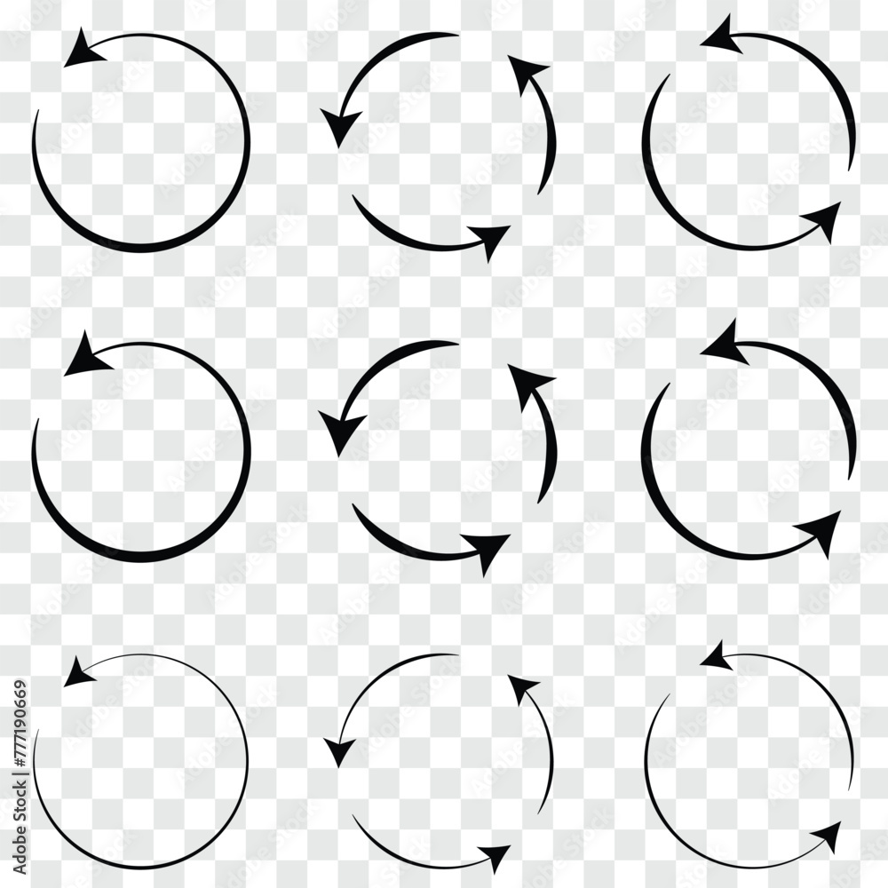 Poster set of circle arrows rotating on white background. refresh, reload, recycle, loop rotation sign coll