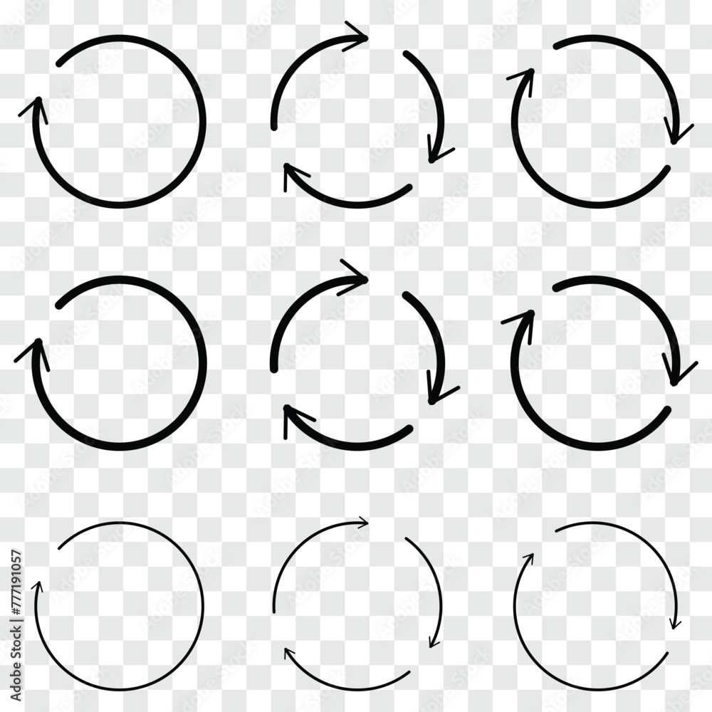 Poster set of circle arrows rotating on white background. refresh, reload, recycle, loop rotation sign coll