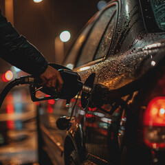 A person refueling a car at night, illuminated by vibrant city lights.