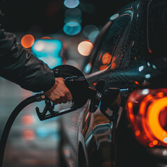 A person refueling a car at night, illuminated by vibrant city lights.