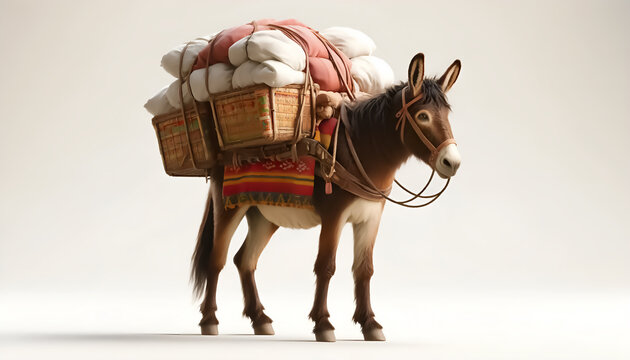 3D render of donkey carrying heavy load, 3D rendering of burdened donkey, Donkey carrying heavy load illustration, Heavy load carried by brown donkey