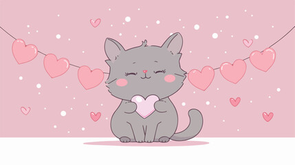 Happy Valentines Day. Gray cat kitten kitty holding pi