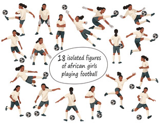 African women's football young girl players jumping, running, kicking the ball, standing in goal in white uniforms