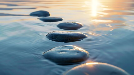 Fototapeta na wymiar Stones in calm water with evening sun