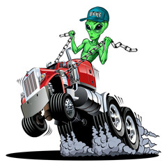 Vector cartoon alien drives a truck