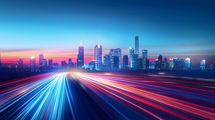 Fototapeta premium A city skyline with skyscrapers and flowing light trails. blurred motion effect. blue gradient sky, cityscape skyline in the style of urban technology. For Design, Background, Cover, Poster, PPT