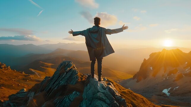 Man on Mountain Summit Embracing the Sunrise. Freedom, Achievement, and Nature Theme. Inspirational Outdoor Scene. AI