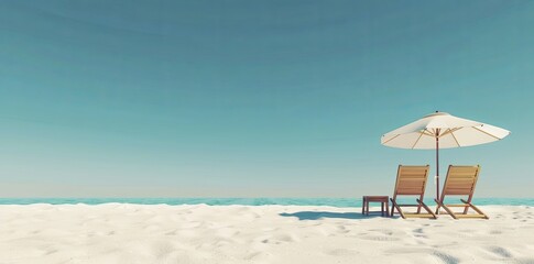 3d rendering of two beach chairs and umbrella on white sand at the bottom right side, clear blue sky background