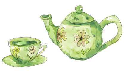Illustration of Green tea pot in watercolor style.