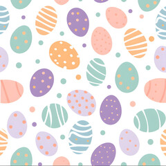 Seamless pattern for easter on a white background. Easter eggs in pastel gentle colors. Happy easter holiday elements. Spring easter pattern for wrapping paper, textile, wallpaper.