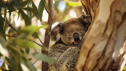 Serene koala peacefully nestled in a eucalyptus tree.