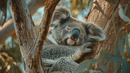 Serene koala peacefully nestled in a eucalyptus tree.