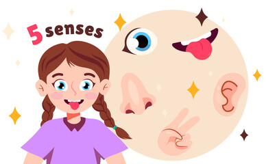 Human senses. Set of 5 senses in cartoon character card. Sight, smell, touch, hearing, and taste explained with coloful card. Flat vector illustration, isolated on white background.
