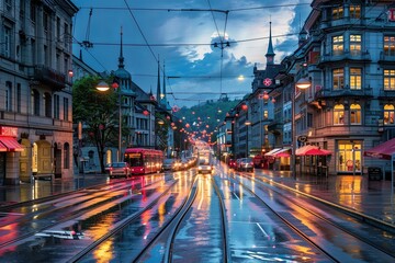 Blitz of city street with tram tracks in the evening after rain, center, lights on buildings and cars - obrazy, fototapety, plakaty