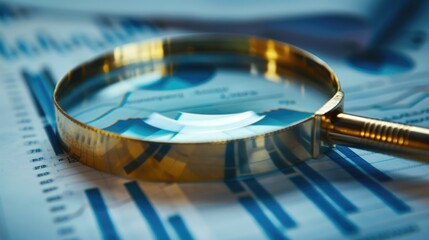 Magnifying glass and documents with analytics data lying on table. Background with statistics, graphs and charts. Concept of economic balance, financial success, audit or market growth