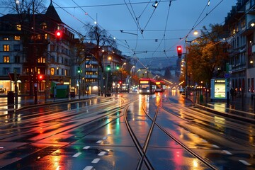 Blitz of city street with tram tracks in the evening after rain, center, lights on buildings and cars