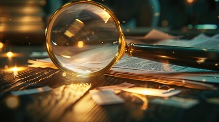 Magnifying glass and documents with analytics data lying on table. Background with statistics, graphs and charts. Concept of economic balance, financial success, audit or market growth