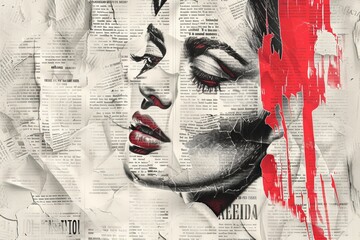 A striking collage portrait, pieced together from newspaper snippets and splashes of red paint, conveys a strong message about media and identity.Newpaper Collage Effect background