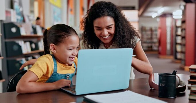 High five, tutor or girl in a library or school with laptop for elearning, knowledge or development for success. Happy teacher, education or child student winning online with woman for help or goals