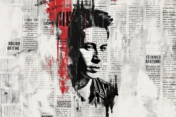 A striking collage portrait, pieced together from newspaper snippets and splashes of red paint, conveys a strong message about media and identity.Newpaper Collage Effect background