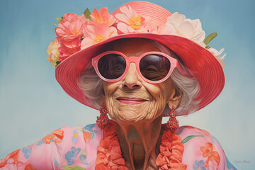 An older woman wearing pink sunglasses and laughing, in the style of analog video effects, pop inspo