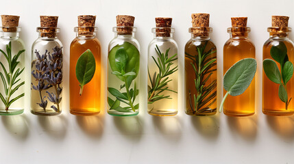 A row of seven transparent bottles with cork tops, each containing a different type of aromatic oil and a sprig of a unique herb or flower, casting soft shadows on a light surface.