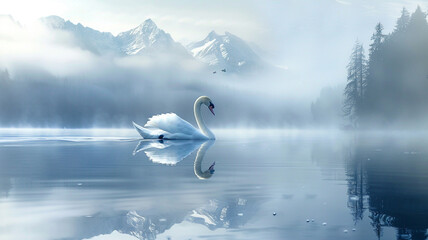 Serene swan gliding on a tranquil lake. - obrazy, fototapety, plakaty