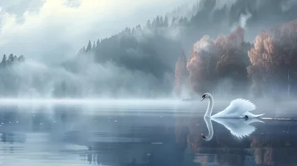 Foto op Plexiglas Serene swan gliding on a tranquil lake. © CREATER CENTER