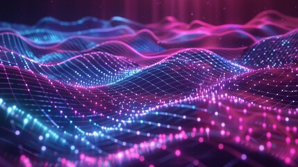 Abstract background of pink and blue neon glowing network waves, representing data flow.