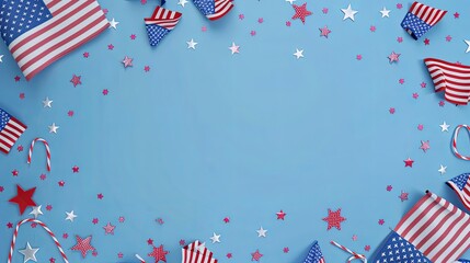 Obraz premium 3d rendering of USA flags and stars on blue background