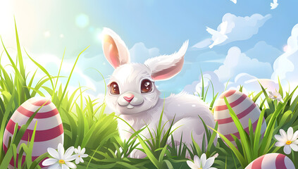 Easter bunny and eggs cute cartoon illustration with blue sky on background.