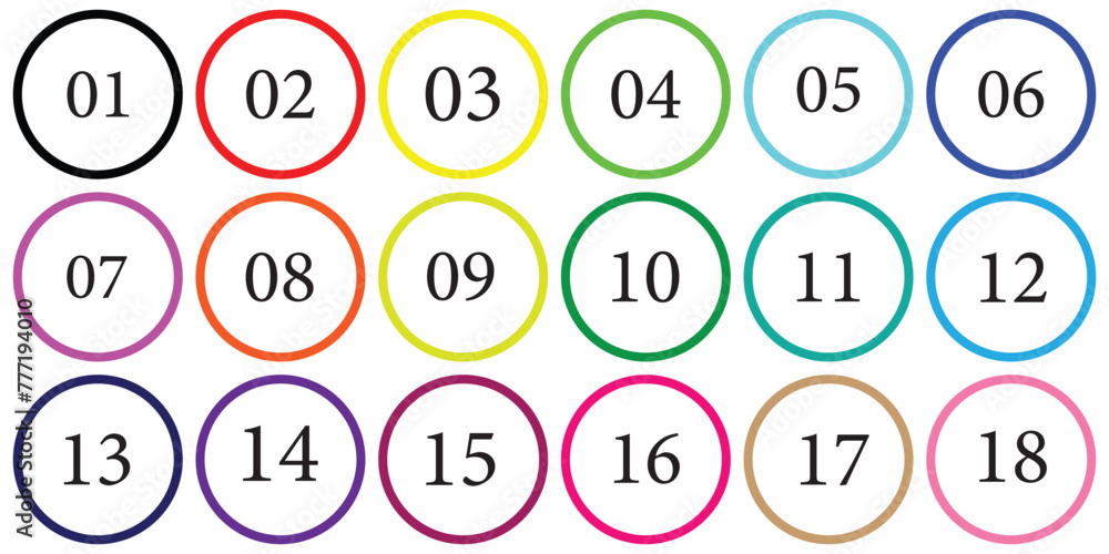 Poster vector illustration clear flat outline bullet point circle number 1 to 18. web element. round bullet